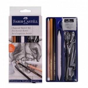 Набор художественный Faber-Castell "Уголь" 7 предметов (2 штуки древесного угля PITT (6 — 11 мм), угольный карандаш PITT Medium, мягкий угольный карандаш, белый угольный карандаш, ластик-кляча, растуш