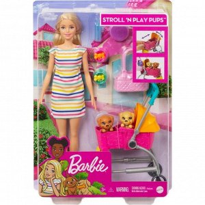 Кукла Барби с щенком в коляске