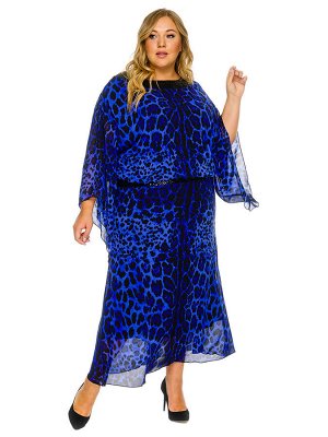 Платье вечернее из шифона принт синий леопард, пояс и горловина из пайеток