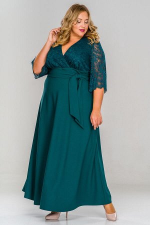 Платье длинное с кружевным лифом, зеленое