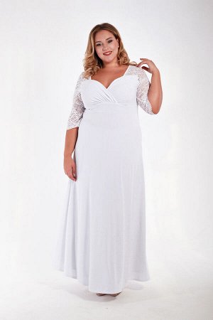 Платье белое длинное с кружевным рукавом