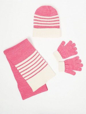 Набор Pink Striped Hat Scarf and Gloves Set