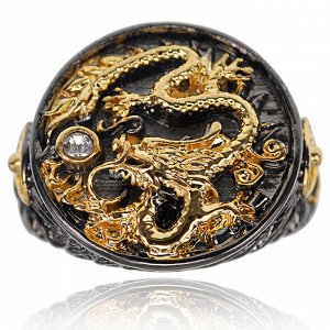 1E0073-1-21 Кольцо Дракон с покрытем чёрный металл и позолотой, размер 21