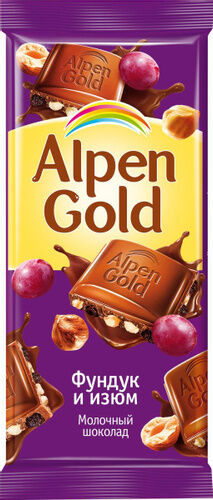 Шоколад Альпен Гольд Alpen Gold молочный с фундуком и изюмом, 85 г