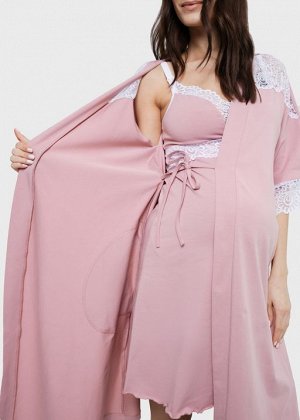 Комплект в роддом с кружевом (сорочка, халат) для беременных и кормления "Дольче"; пудровый
