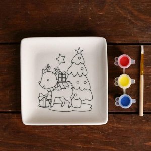 Набор тарелка под раскраску «Олень с подарками» краска 3 цв по 2 мл, кисть