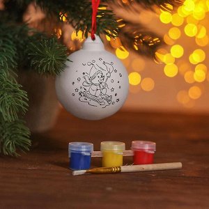 Новогодний шар (d: 6 см) под раскраску "Снеговик на санках" с подвесом, краска 3 цв по 2 мл, кисть
