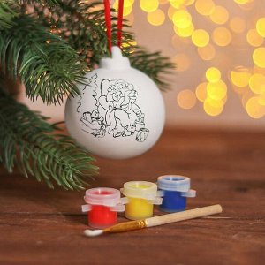 Новогодний шар под раскраску "Дед мороз" с подвесом, краска 3 цв по 2 мл, кисть