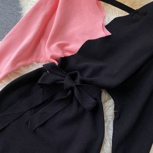 Вязаное платье розово-черное