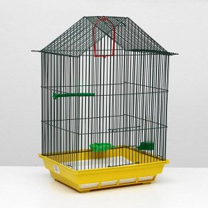 Клетка для птиц большая, крыша-домик, комплект, 34 х 28 х 54 см, жёлтый/зелёный