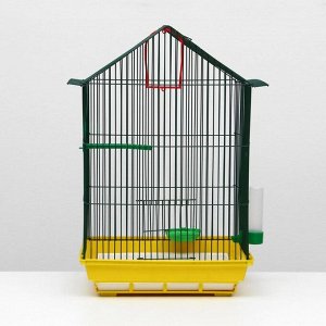 Клетка для птиц большая, крыша-домик, комплект, 34 х 28 х 54 см, жёлтый/зелёный