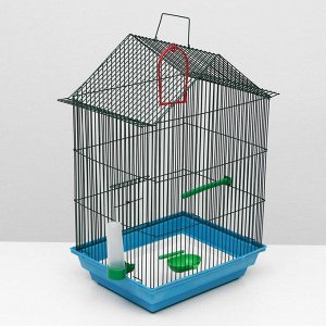 Клетка для птиц большая, крыша-домик, комплект, 34 х 28 х 54 см, синий/зелёный