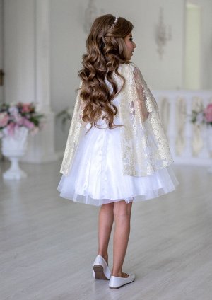 Платье комбинированное, с верхним слоем из сетки-золото по лифу и  юбкой из однотонной сетки, цвет белый