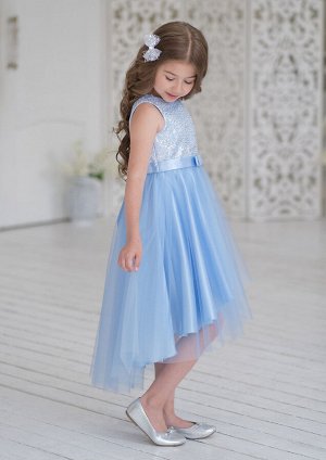 Платье из креп-сатина, комбинированное, цвет голубой