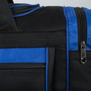 Сумка спортивная, 3 отдела на молниях, наружный карман, длинный ремень, цвет чёрный/синий