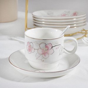 Сервиз керамический чайный «Роза», 19 предметов: 6 чашек 170 мл, 6 блюдец 13,5 см, 6 ложек, на металлической подставке