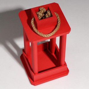 Кашпо деревянное "Фонарь", ручка верёвка, красный, 16*16*30 см