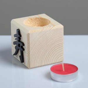 Свеча в деревянном подсвечнике "Куб, Иероглифы. Долголетие", аромат вишни