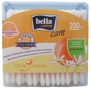 Палочки ватные Bella с Д-пантенолом, апельсин в пластиковой квадратной упаковке 200 шт