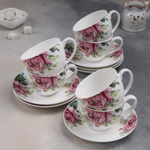 Сервиз чайный Доляна «Роза»,12 предметов: 6 чашек 280 мл, 6 блюдец d=15 см