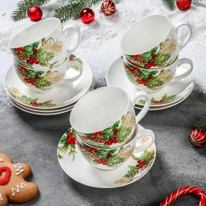 Сервиз чайный Доляна «Рождество»,12 предметов: 6 чашек 280 мл, 6 блюдец, d=15 см
