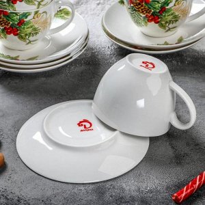Сервиз фарфоровый чайный Доляна «Рождество»,12 предметов: 6 чашек 280 мл, 6 блюдец, d=15 см