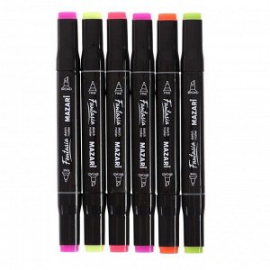 Художественный набор двухсторонних маркеров Mazari Fantasia 6 цветов Fluorescent colors (флуоресцентные цвета), пишущие узлы 3.0-6.2 мм