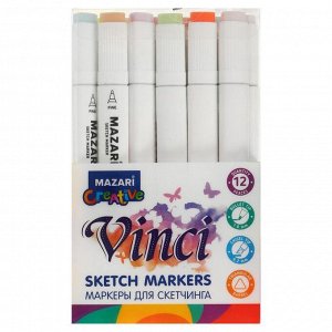 Набор двухсторонних маркеров для скетчинга Mazari Vinci 12 цветов Pastel colors (пастельные цвета), пишущие узлы 1.0-6.2 мм