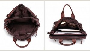 Turgen Большая многофункциональная  мужская сумка из натуральной кожи с очень вместительными отделениями закрытыми на молнию. С возможностью носить как рюкзак. Впереди объемные карманына молнии. Есть 
