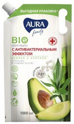 Мыло жидкое AURA FAMILY 1000мл Антибактериальное Бамбук и Авокадо, дой-пак