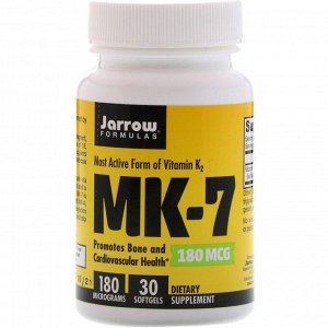 Jarrow Formulas, MK-7, самая активная форма витамина K2, 180 мкг, 30 мягких таблеток