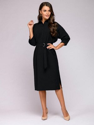 Платье-рубашка черное длины миди с отложным воротником и поясом