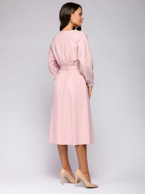Платье розовое длины миди и с пышной юбкой с поясом