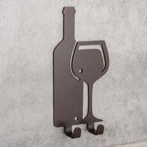 Вешалка интерьерная настенная на 2 крючка «Бутылка с бокалом», для кухни, цвет коричневый