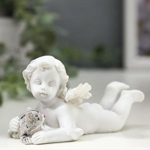 Сувенир полистоун "Белоснежный ангел с цветным полосатым котиком" 5х4,5х9,6 см