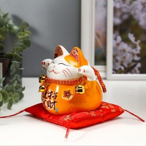 Сувенир керамика копилка &quot;Оранжевый кот Манэки-нэко с колокольчиками&quot; 11,5х11,5х9,5 см