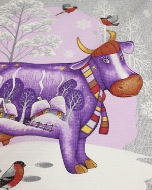 Вафельная ткань "Новогодний бычок" цв.фиолетовый на сером, ш.1.5м, хл.-100%, 160гр/м.кв, рапорт 0.64