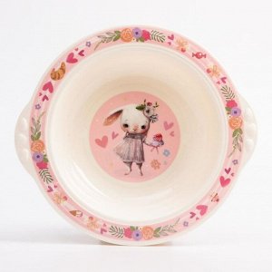 Миска - тарелочка детская «Зайка», цвет бежевый, розовый декор
