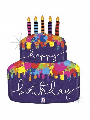 Фольга шар фигура Дизайнерский торт со свечками 30"/76 см голография С Днем рождения
