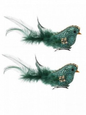 Украшение Птички изумрудные на клипсе набор 2 шт 3 х 18 х 3 см полиэстр цвет бирюзовый новый год