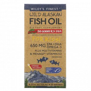Wiley&#x27 - s Finest, жир диких аляскинских рыб, для детей, ДГК для начинающих, натуральный вкус клубники и арбуза, 650 мг, 125 мл (4,23 жидк. унции)