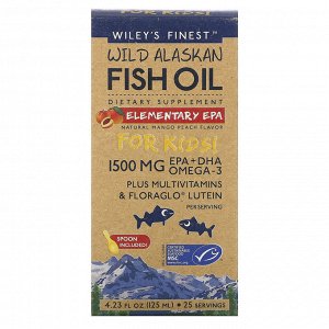 Wiley&#x27 - s Finest, рыбий жир из аляскинской промысловой рыбы, для детей, базовая ДГК, со вкусом натурального манго и персика, 1500 мг, 125 мл (4,23 жидкой унции)