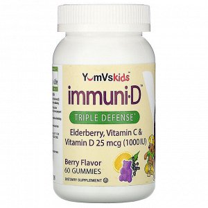 YumV&#x27 - s, Elderberry, Vitamin C & Vitamin D, Triple Defense, Berry Flavor, 25 mcg (1,000 IU), 60 Gummies