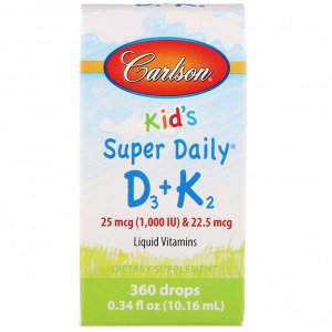 Carlson Labs, Kids, Super Daily D3+K2, 25 мкг (1000 МЕ) и 22,5 мкг, 10,16 мл (0,34 жидкой унции)