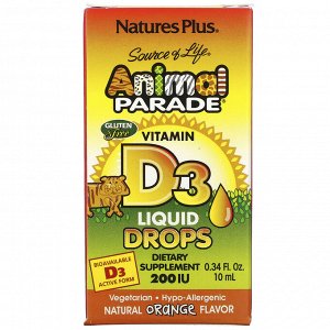 Nature&#x27 - s Plus, Source of Life, «Парад животных», витамин D3, жидкие капли, натуральный апельсиновый вкус, 200 МЕ, 0,34 жидк. унций (10 мл)