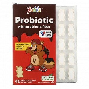 YumV&#039;s, Пробиотик с пребиотической клетчаткой, со вкусом белого шоколада, 40 мишек