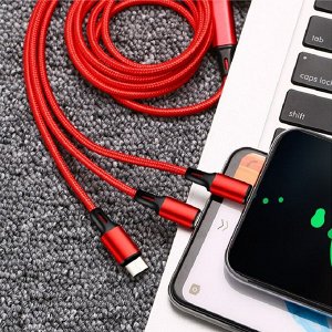 Кабель USB 3 в 1 для iOS + microUSB + type-С в тканой нейлоновой оплетке 1,2 метра