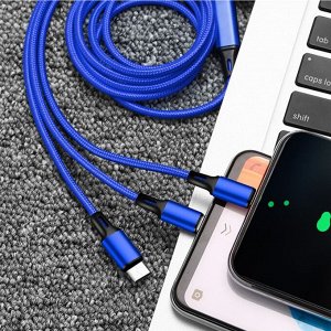 Кабель USB 3 в 1 для iOS + microUSB + type-С в тканой нейлоновой оплетке 1,2 метра