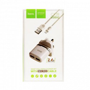 Сетевая зарядка HOCO C12B + кабель microUSB (2xUSB 2.4A)