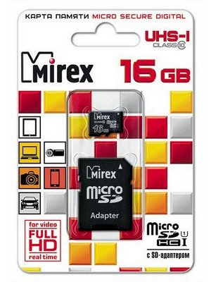 Micro SDHC карта памяти 16ГБ Mirex Class 10 с адаптером (13613-ADSUHS16)